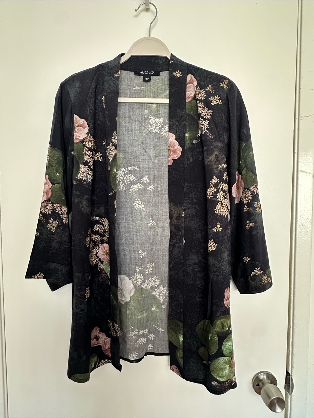 AllSaints Black Floral Open Kimono Jacket with Pink & Green Accents